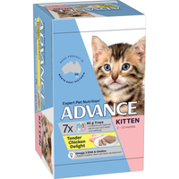 ADVANCE Kitten Tender Chicken Delight cat food, front of the 7 x 85g tray carton