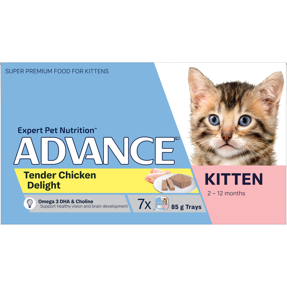 Side of the ADVANCE Kitten Tender Chicken Delight 7 x 85g tray carton