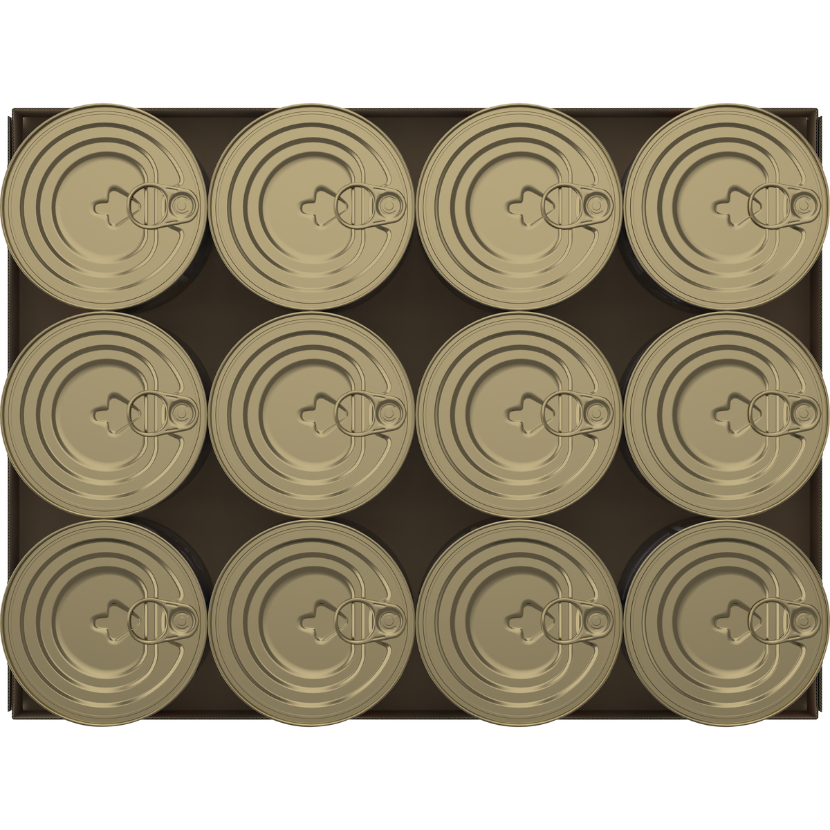 Top-down view of 12 ADVANCE Adult Casserole with Chicken can lids