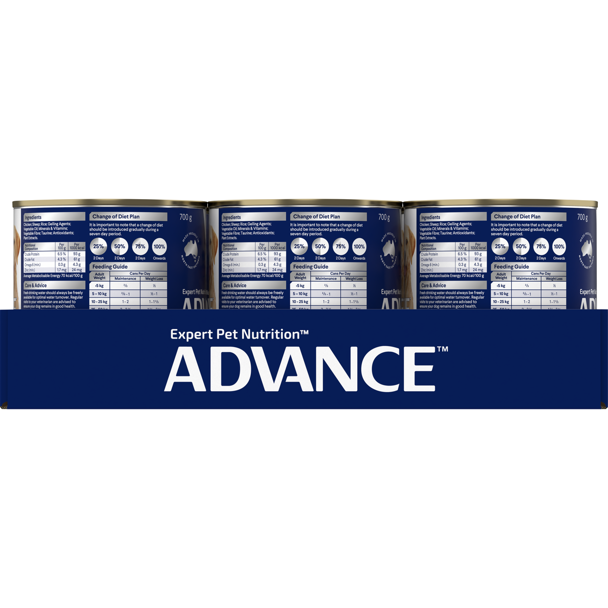 Side of the ADVANCE Healthy Weight Chicken with Rice 12 can tray