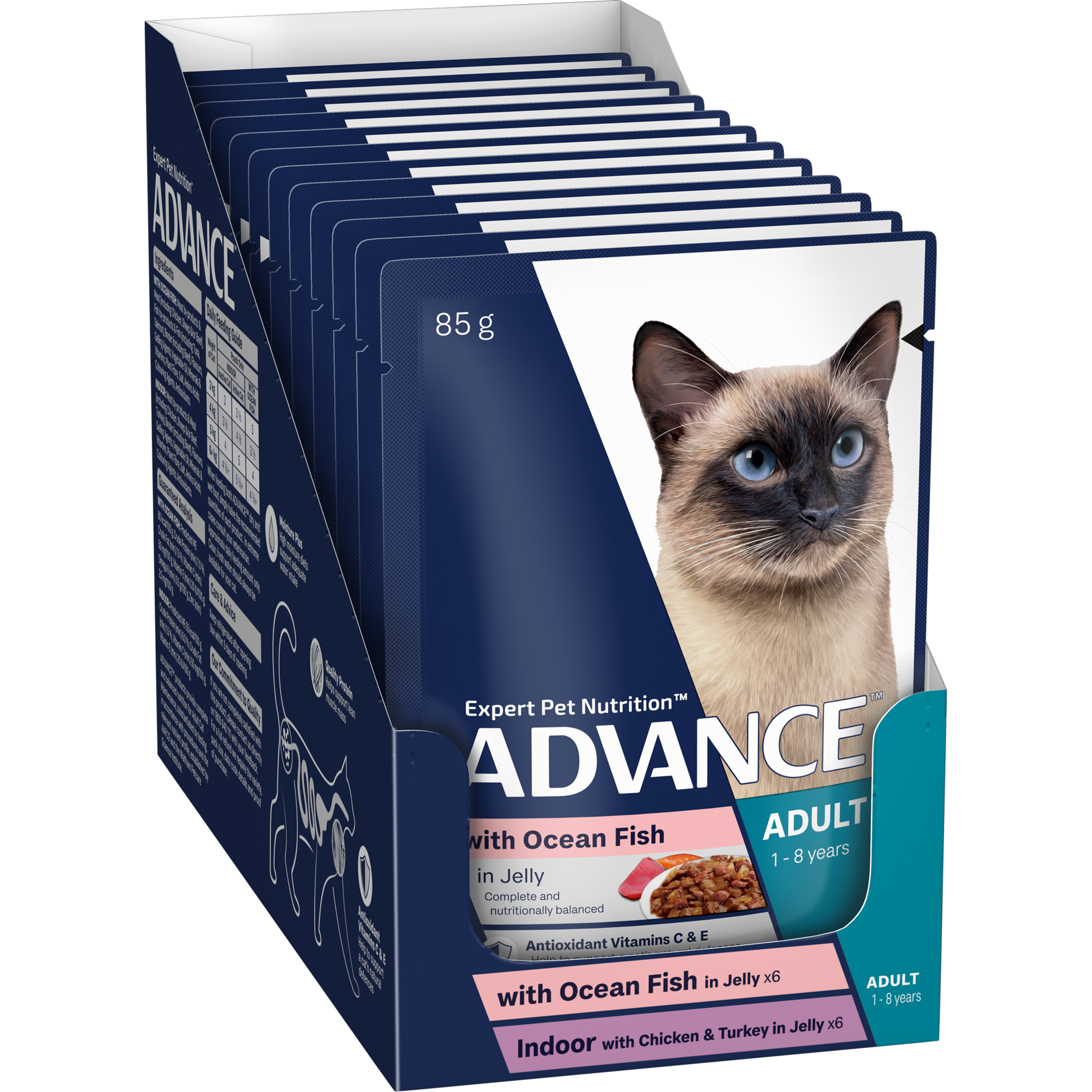 ADVANCE Adult Wet Cat Food Ocean Fish/ Indoor Chicken & Turkey In Jelly 12x85g Pouches pack