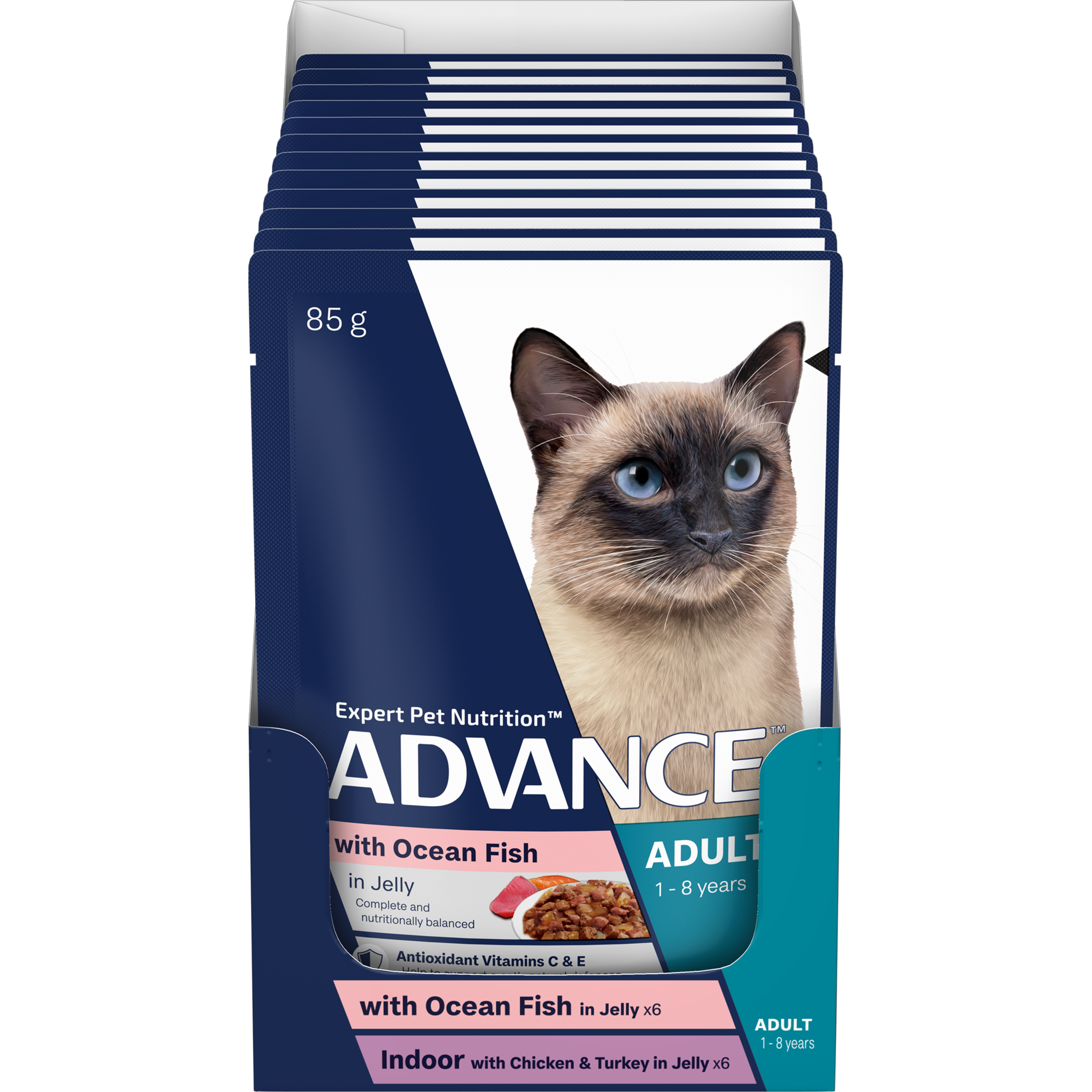 ADVANCE Adult Wet Cat Food Ocean Fish/ Indoor Chicken & Turkey In Jelly 12x85g Pouches front of pack