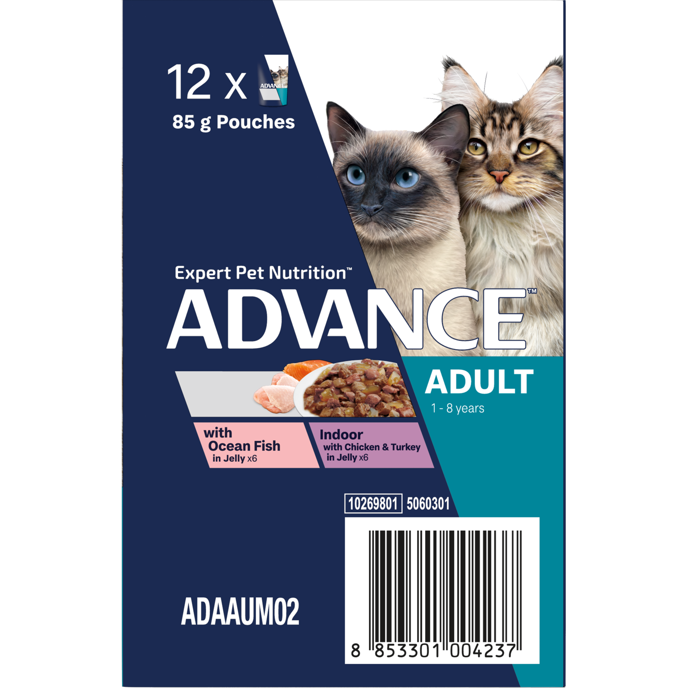 ADVANCE Adult Wet Cat Food Ocean Fish/ Indoor Chicken & Turkey In Jelly 12x85g Pouches back of pack