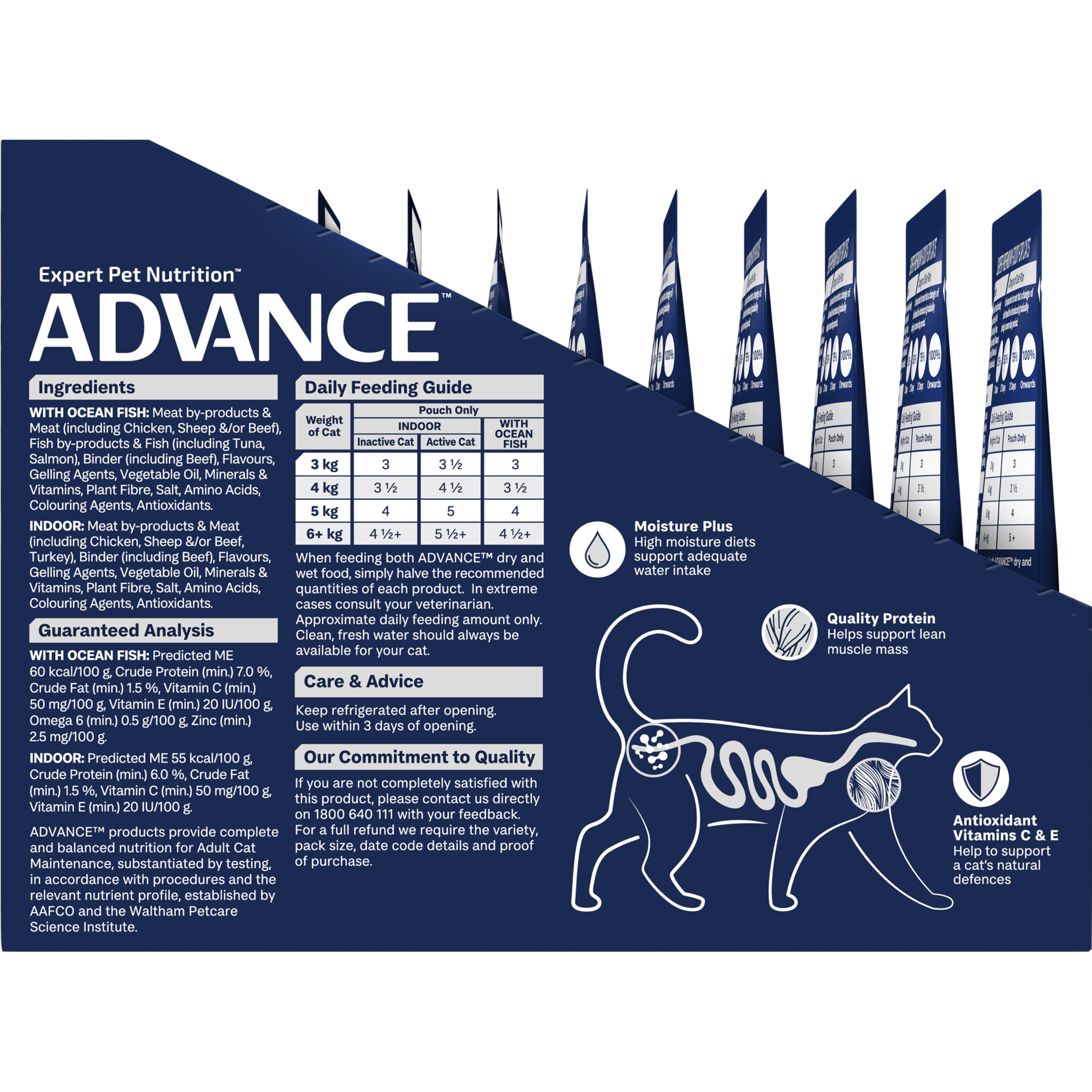 ADVANCE Adult Wet Cat Food Ocean Fish/ Indoor Chicken & Turkey In Jelly 12x85g Pouches left side of pack