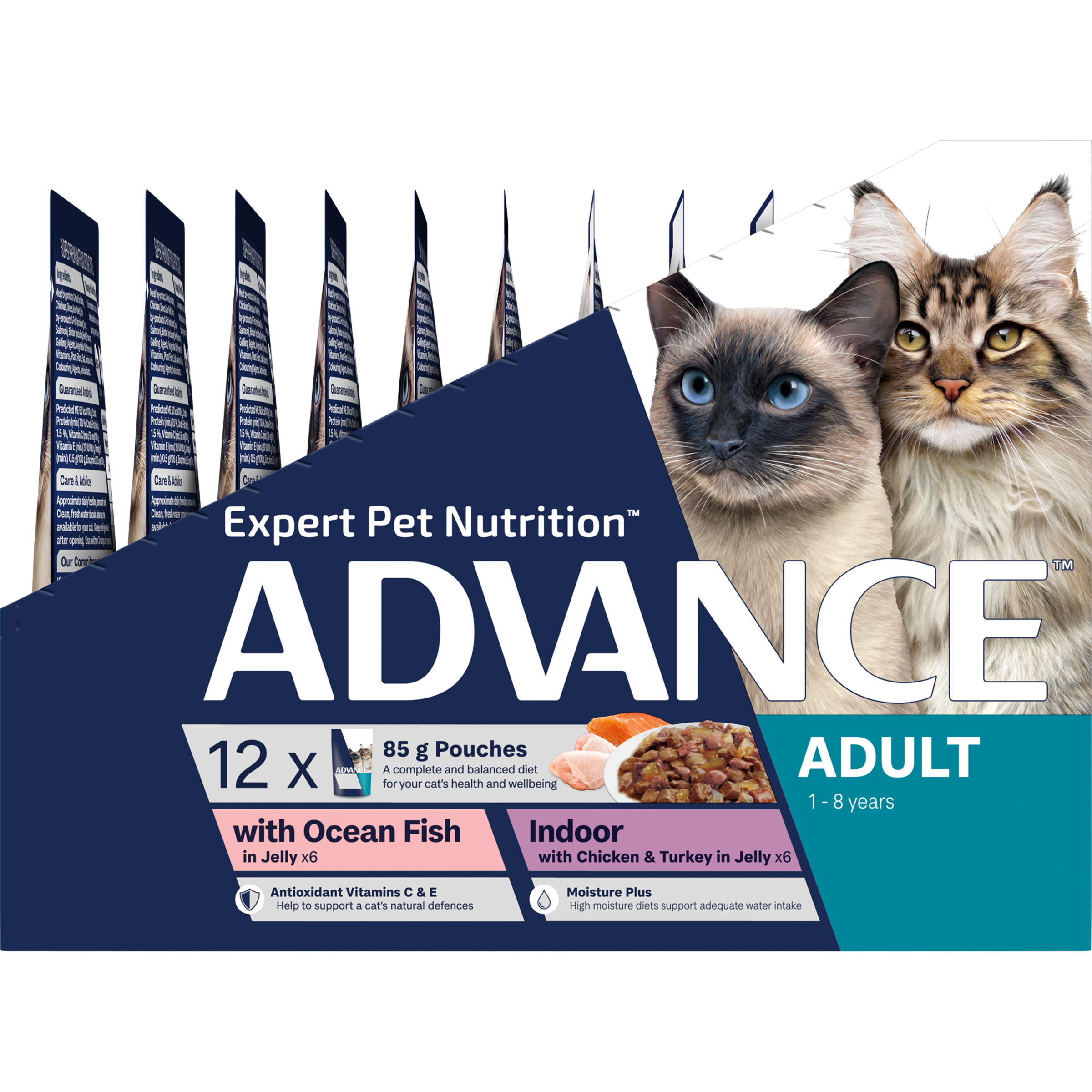 ADVANCE Adult Wet Cat Food Ocean Fish/ Indoor Chicken & Turkey In Jelly 12x85g Pouches right side of pack