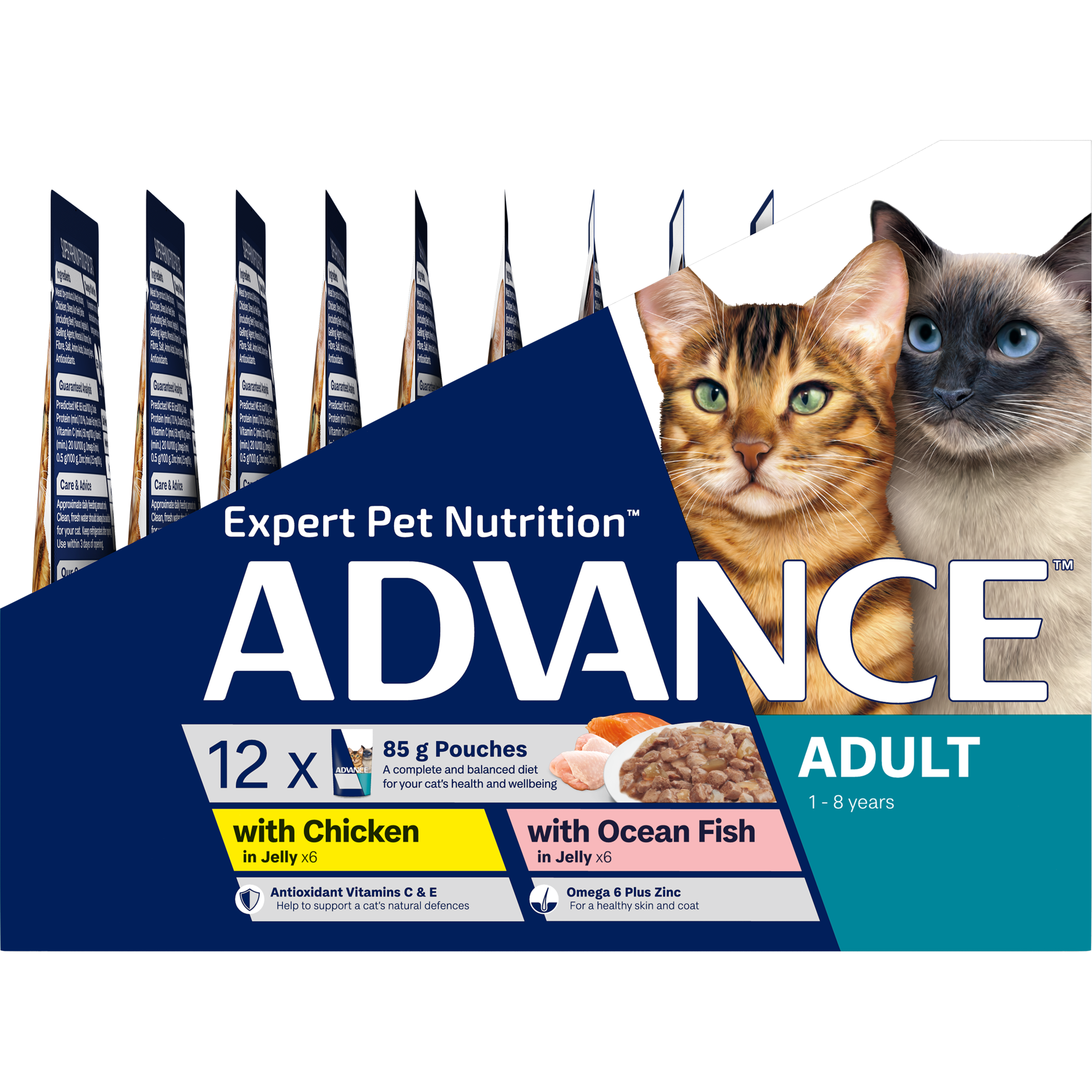 ADVANCE Adult Wet Cat Food Chicken, Ocean Fish In Jelly 12x85g Pouches right side of pack
