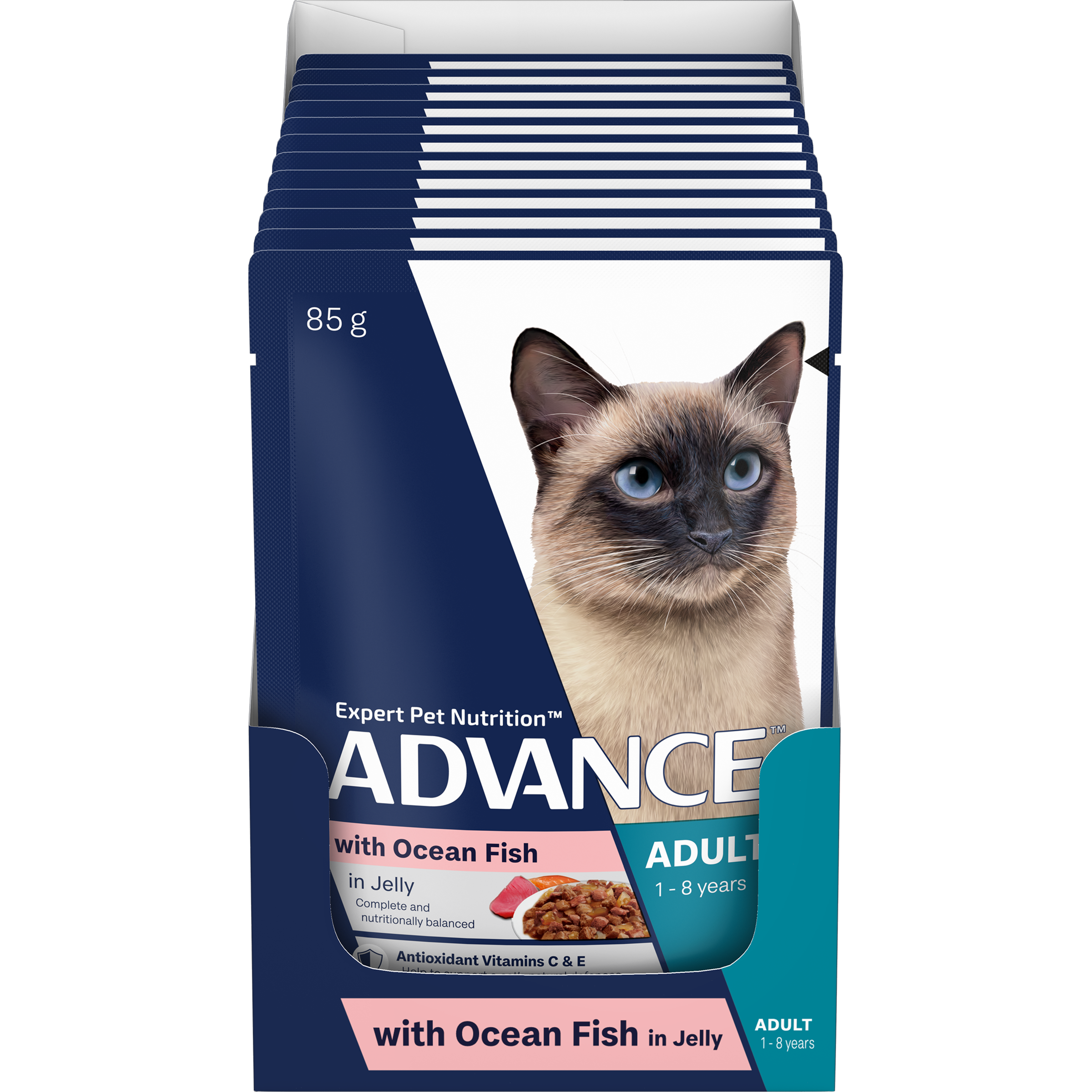 ADVANCE Adult Wet Cat Food Ocean Fish In Jelly 12x85g Pouches front of pack