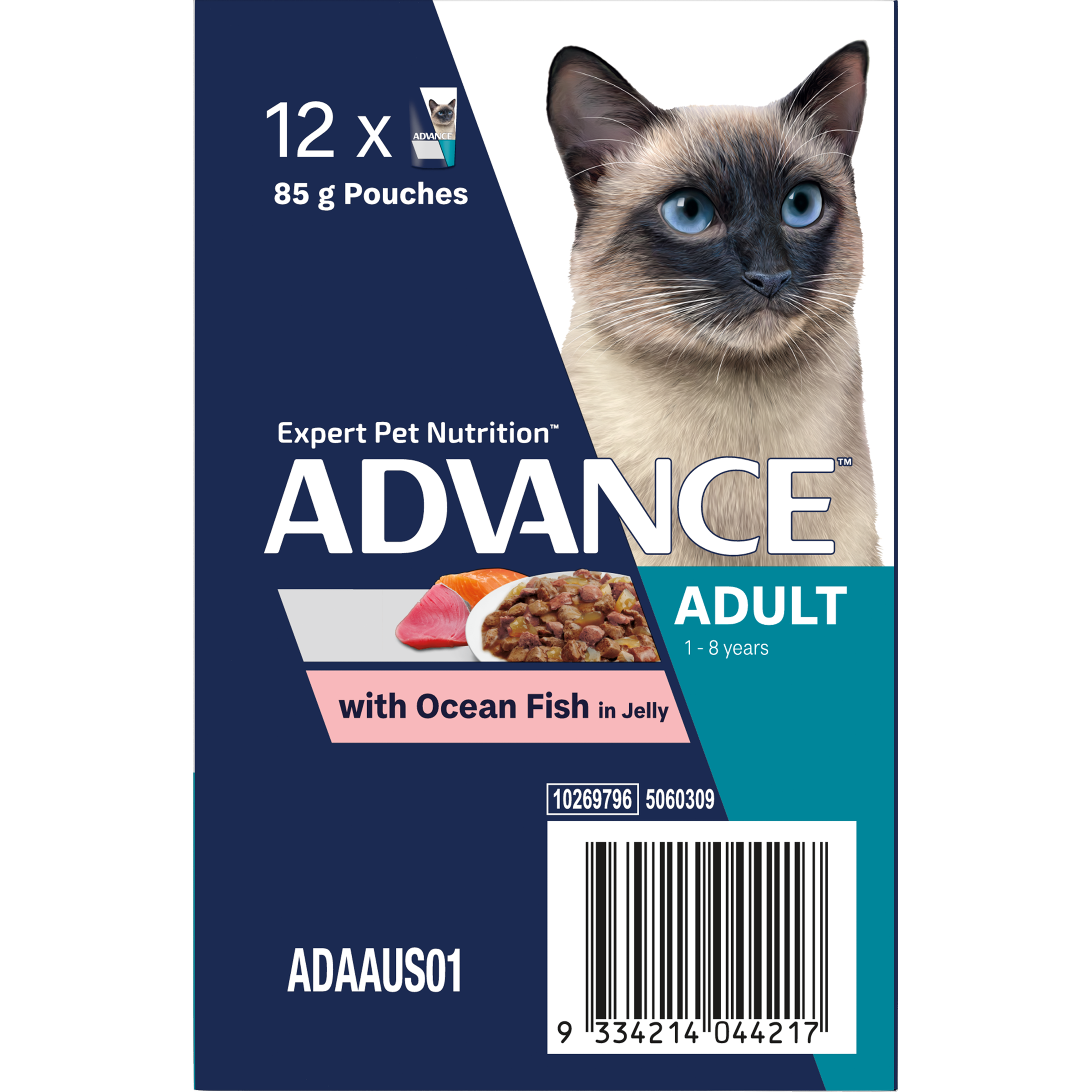 ADVANCE Adult Wet Cat Food Ocean Fish In Jelly 12x85g Pouches back of pack