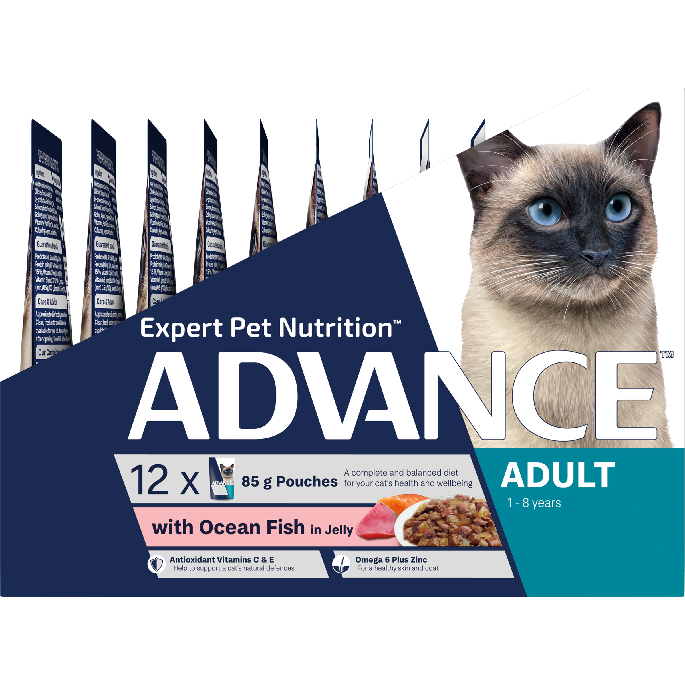 ADVANCE Adult Wet Cat Food Ocean Fish In Jelly 12x85g Pouches right side of pack