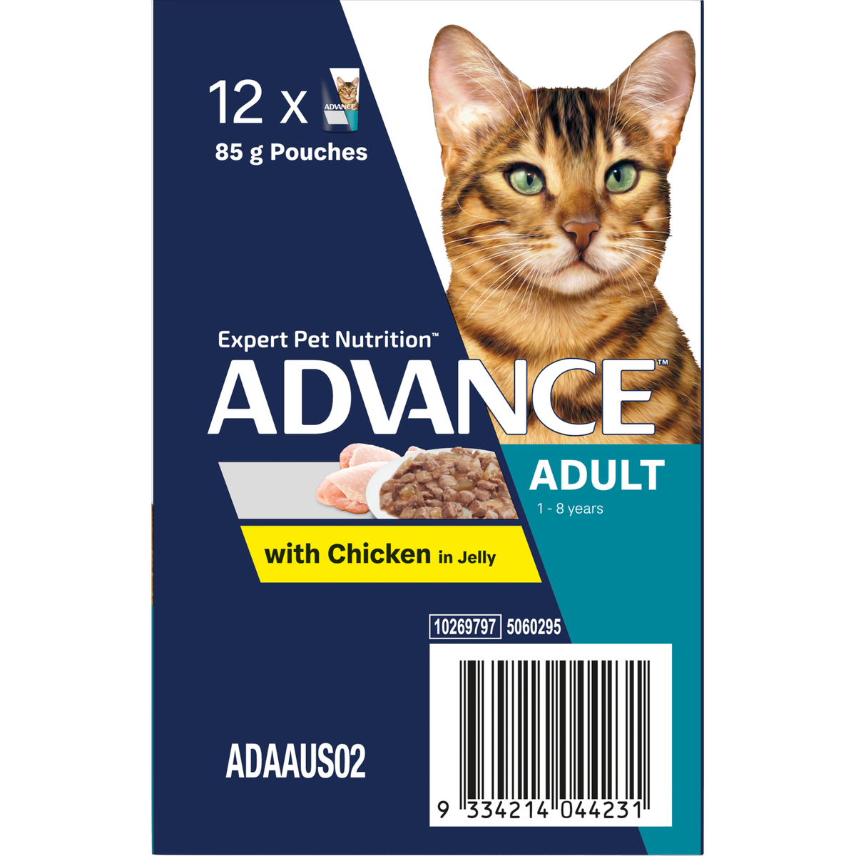 Back of the ADVANCE Adult with Chicken in Jelly 12 x 85g pouch sleeve