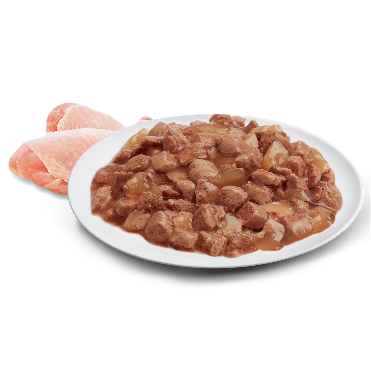Raw chicken and ADVANCE chunks in jelly on a plate