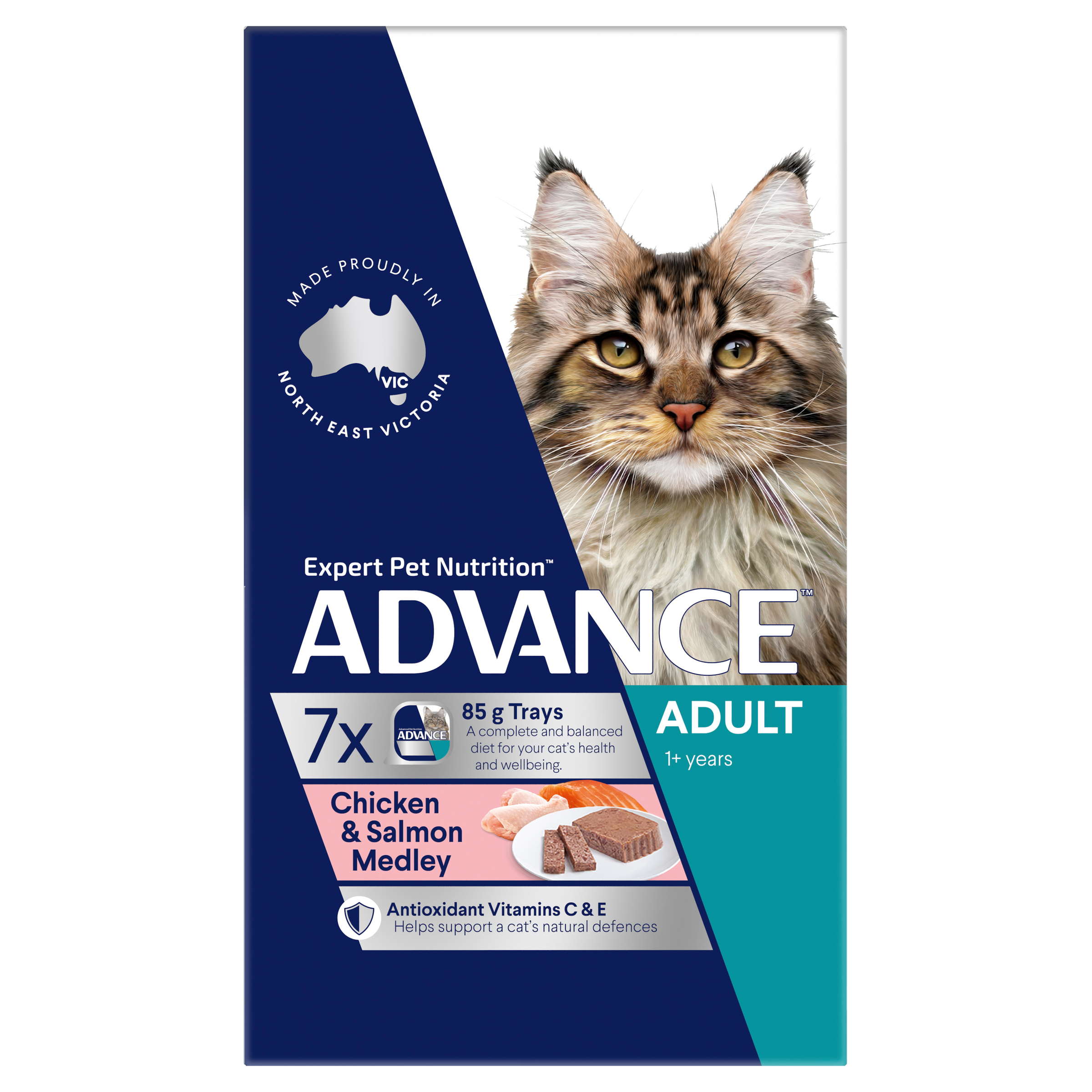 ADVANCE Adult Wet Cat Food Chicken & Salmon Medley 7x85g Trays front of pack
