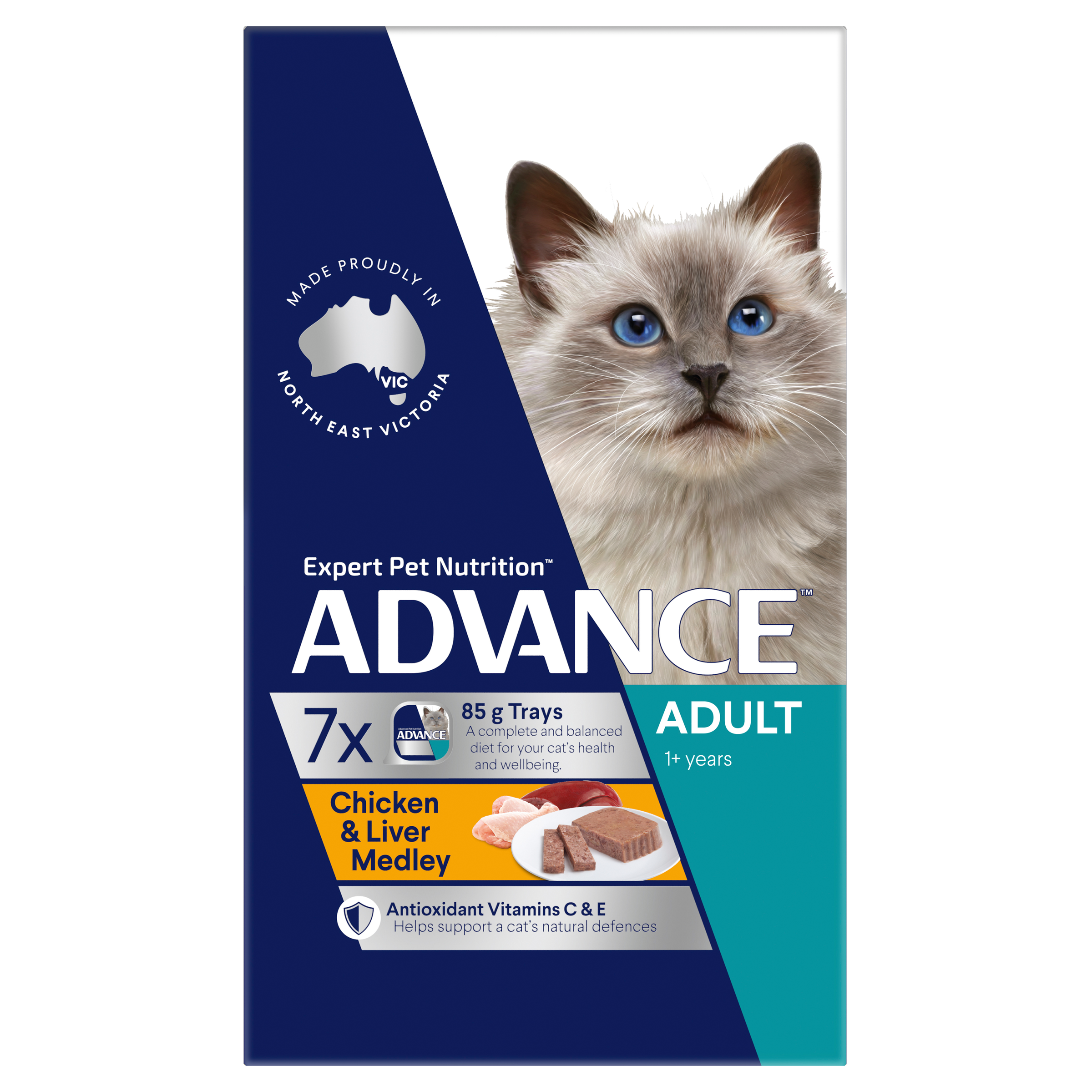 ADVANCE Adult Wet Cat Food Chicken & Liver Medley 7x85g Trays front of pack
