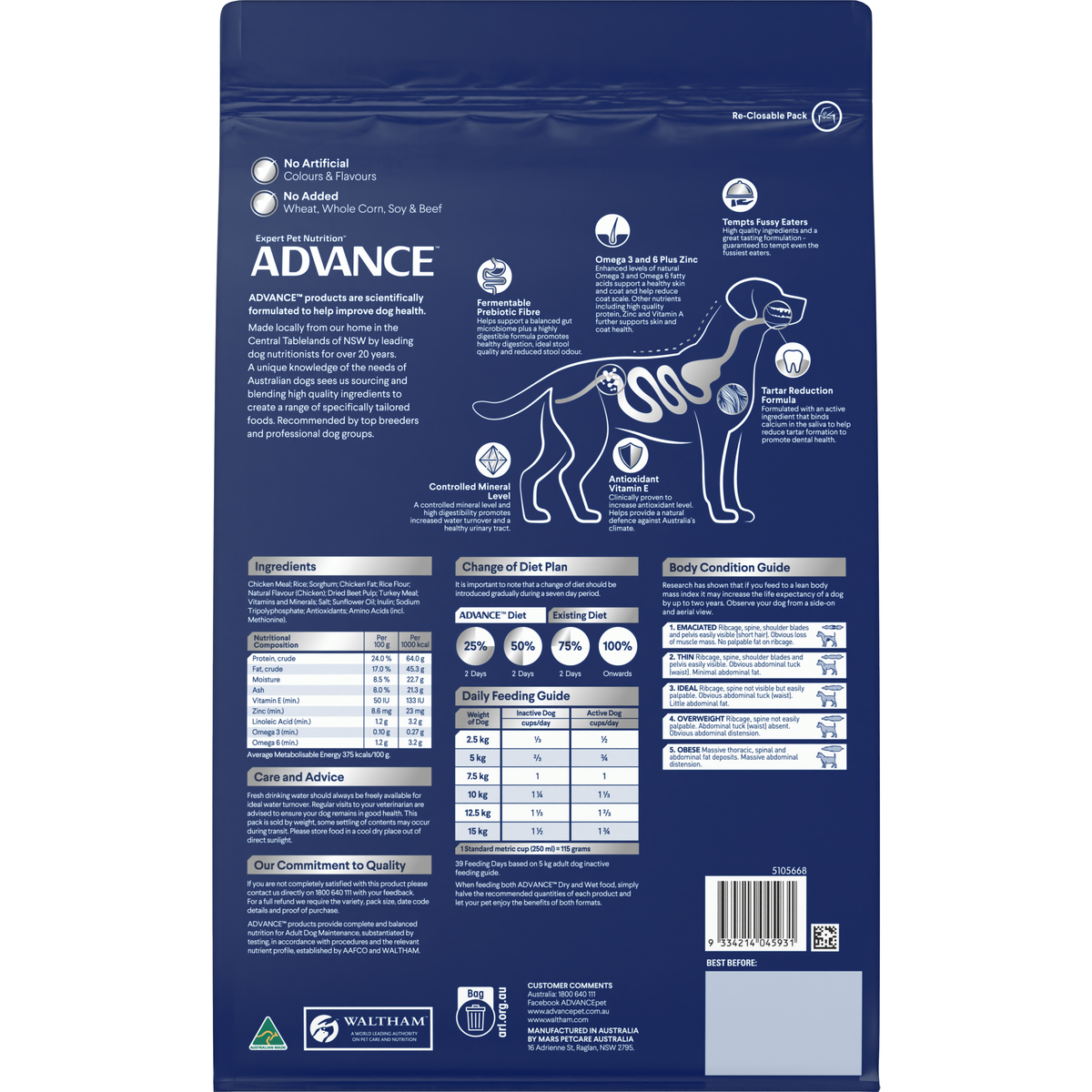 Back of the ADVANCE Adult Small Breed Chicken with Rice dry dog food bag