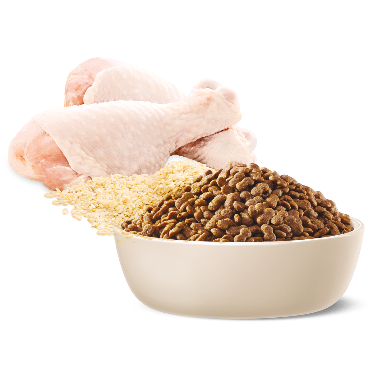 Raw chicken, rice and ADVANCE Adult Small Breed kibble in a bowl