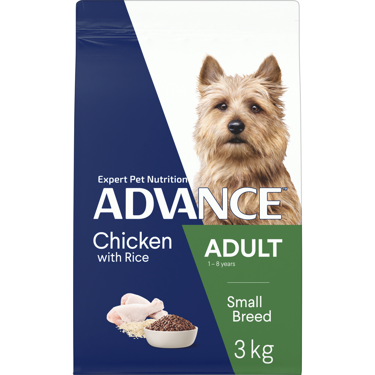 ADVANCE Adult Small Breed Chicken with Rice 3kg bag, angled front view