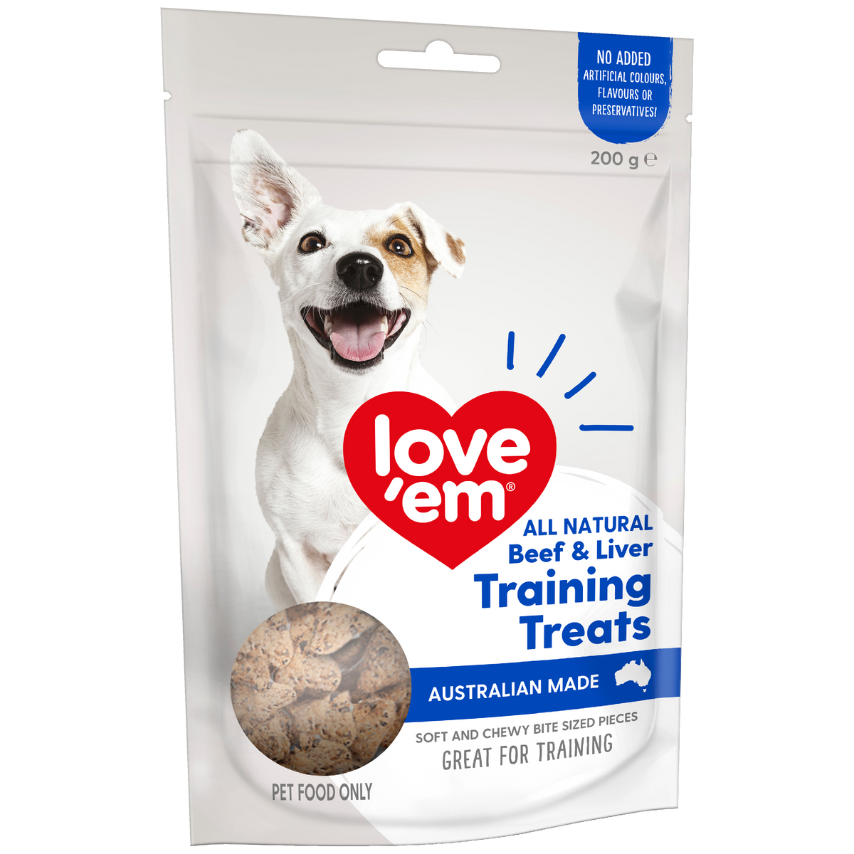 Love'em All Natural Beef & Liver Training Treats 200g pack, front, with a Jack Russell and treats shown