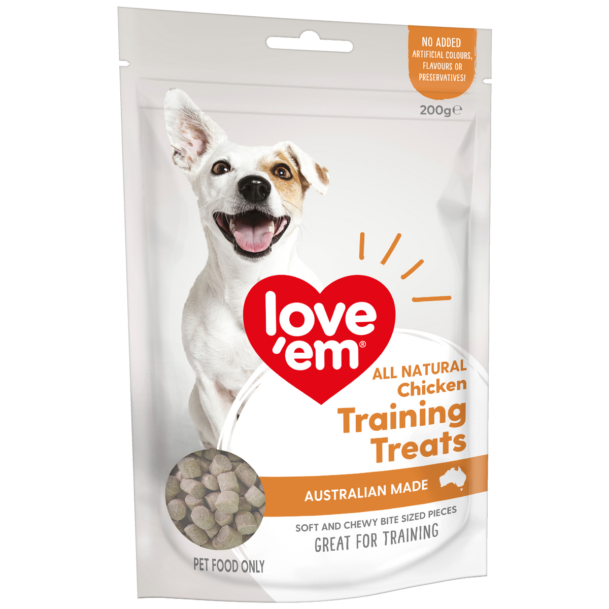 Love'em All Natural Chicken Training Treats 200g pack, front, with a Jack Russell and treats shown