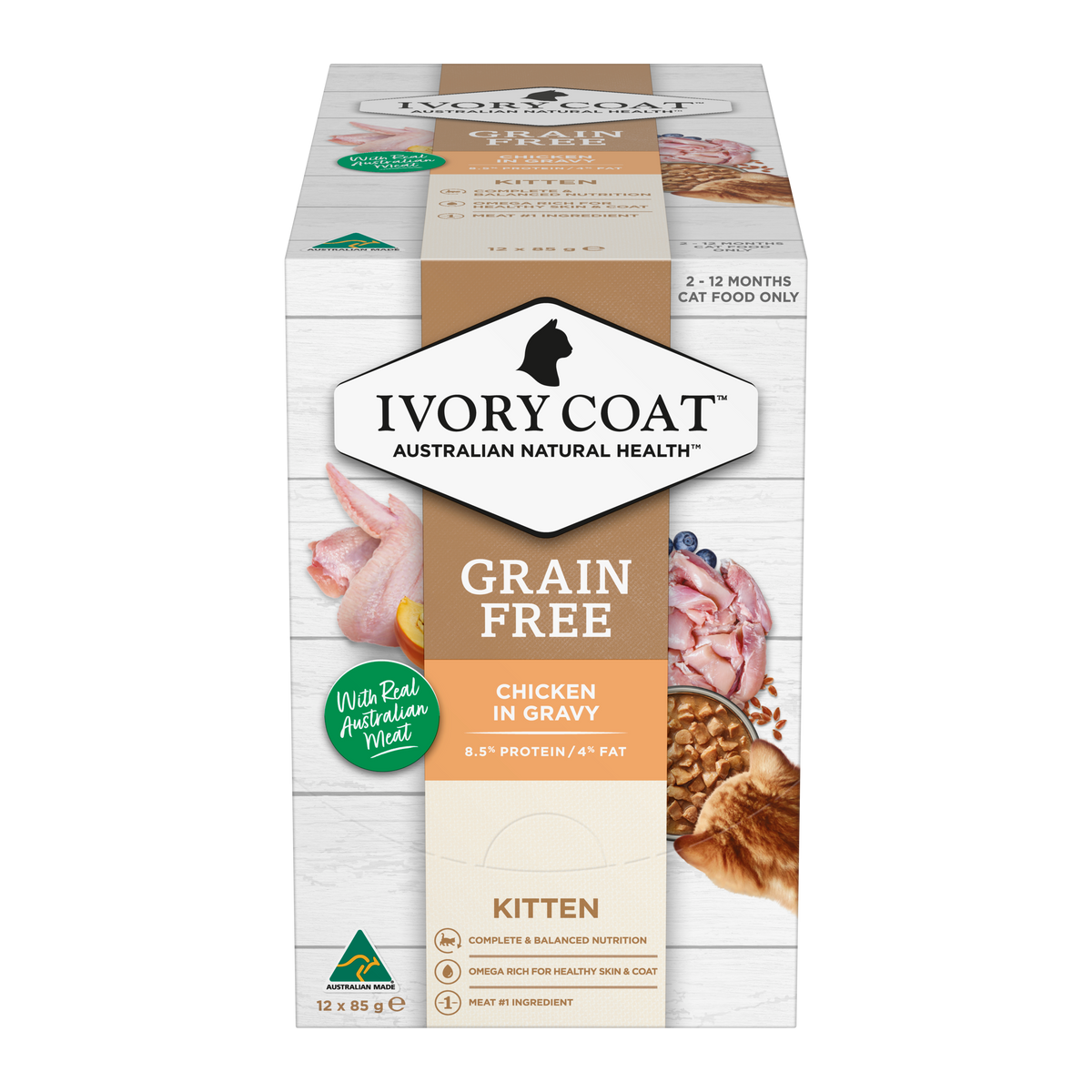 Ivory Coat Grain Free Chicken in Gravy kitten cartons showing front and side panels