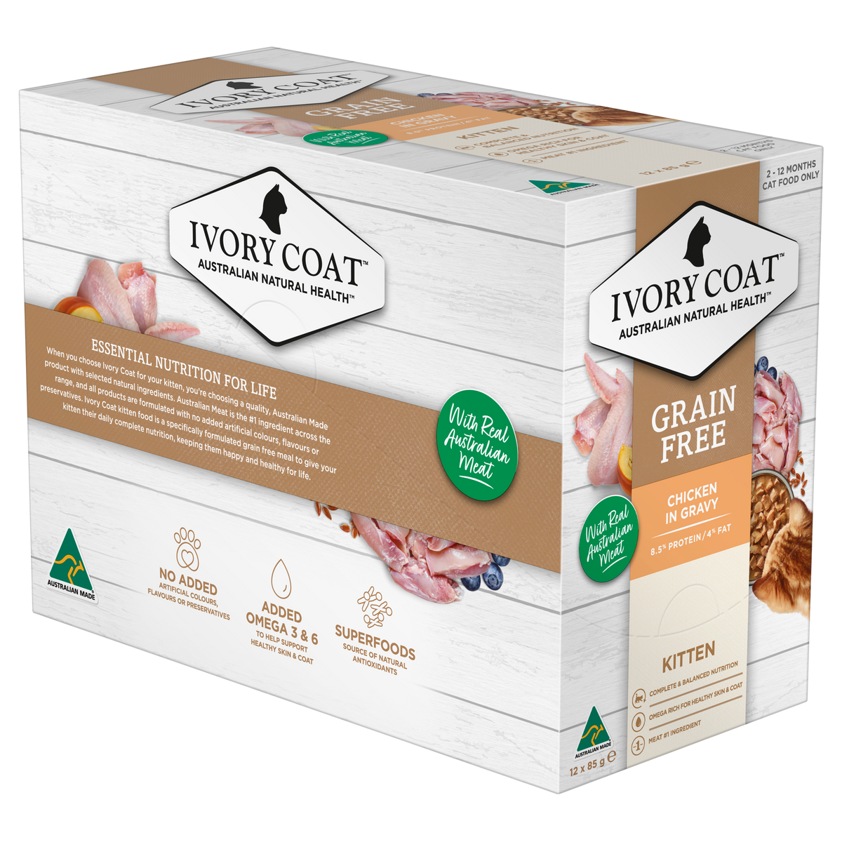 Ivory Coat Grain Free Chicken in Gravy kitten cartons, side panel view