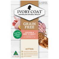 Ivory Coat Grain Free Chicken and Beef in Gravy kitten food, front of the 12 x 85g carton
