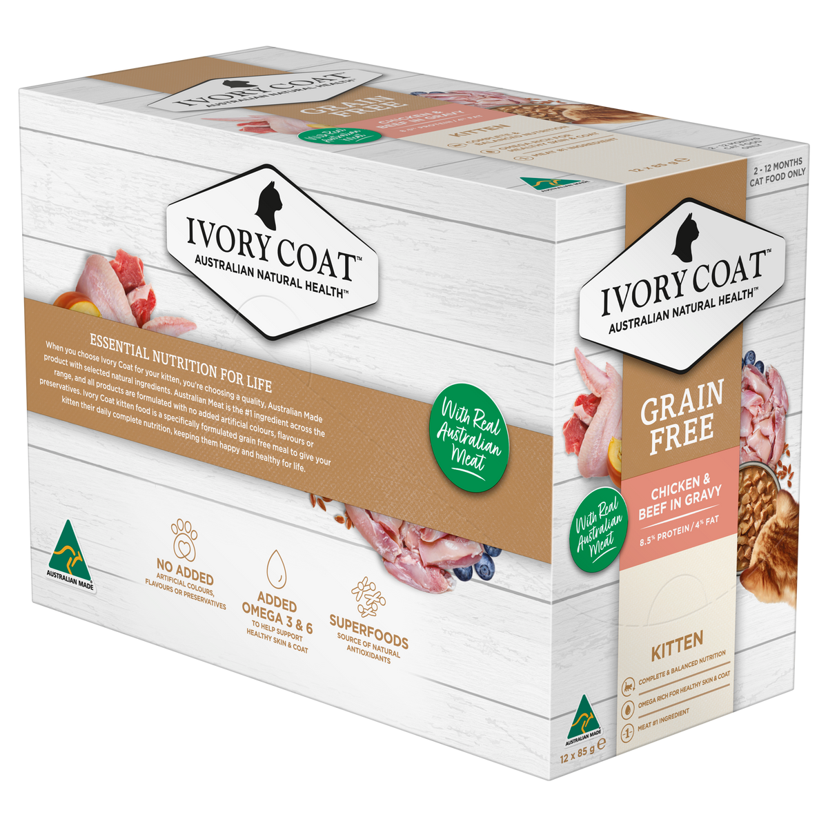 Ivory Coat Grain Free Chicken and Beef in Gravy kitten cartons, side panel view