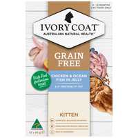 Ivory Coat Grain Free Chicken and Ocean Fish in Jelly kitten food, front of the 12 x 85g carton