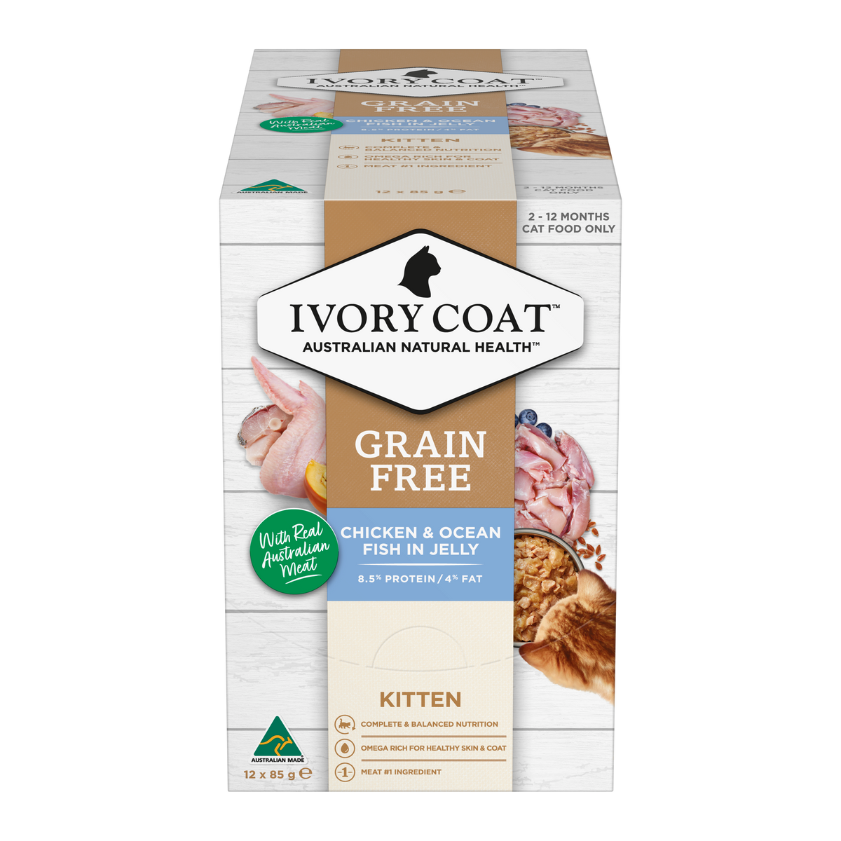 Ivory Coat Grain Free Chicken and Ocean Fish in Jelly kitten cartons showing front and side panels