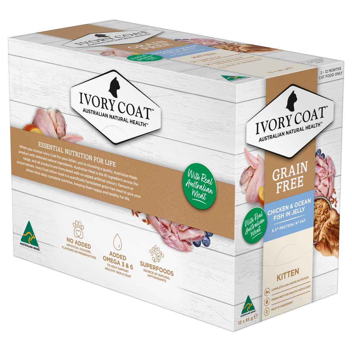 Ivory Coat Grain Free Chicken and Ocean Fish in Jelly kitten cartons, side panel view