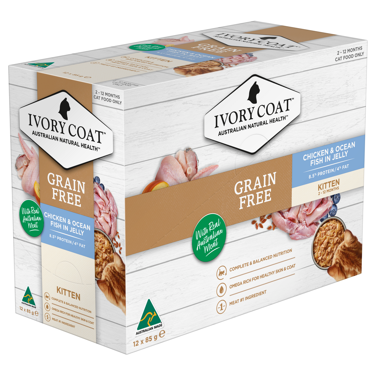 Ivory Coat Grain Free Chicken and Ocean Fish in Jelly kitten cartons, alternate angle