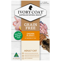 Ivory Coat Grain Free Chicken in Gravy adult cat food, front of the 12 x 85g carton