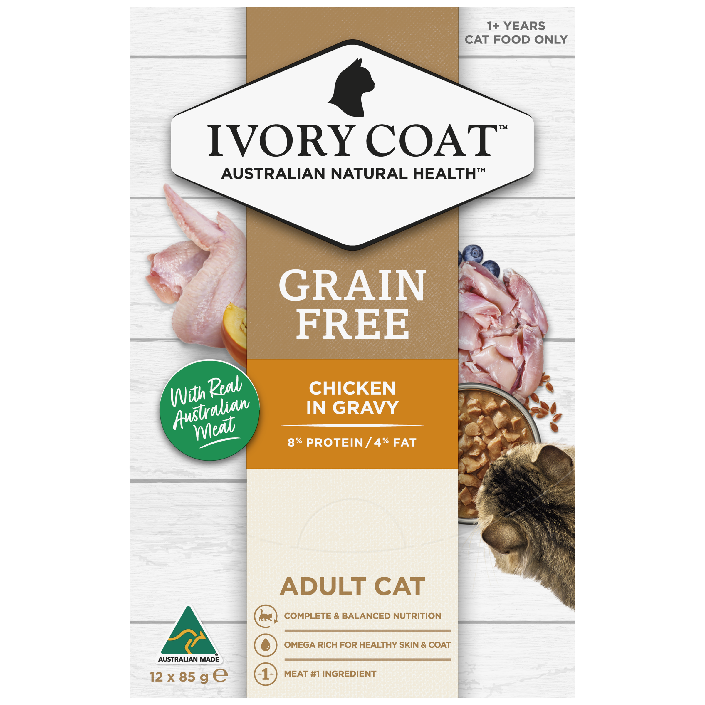 Ivory Coat Grain Free Adult Wet Cat Food Chicken in Gravy front of pack