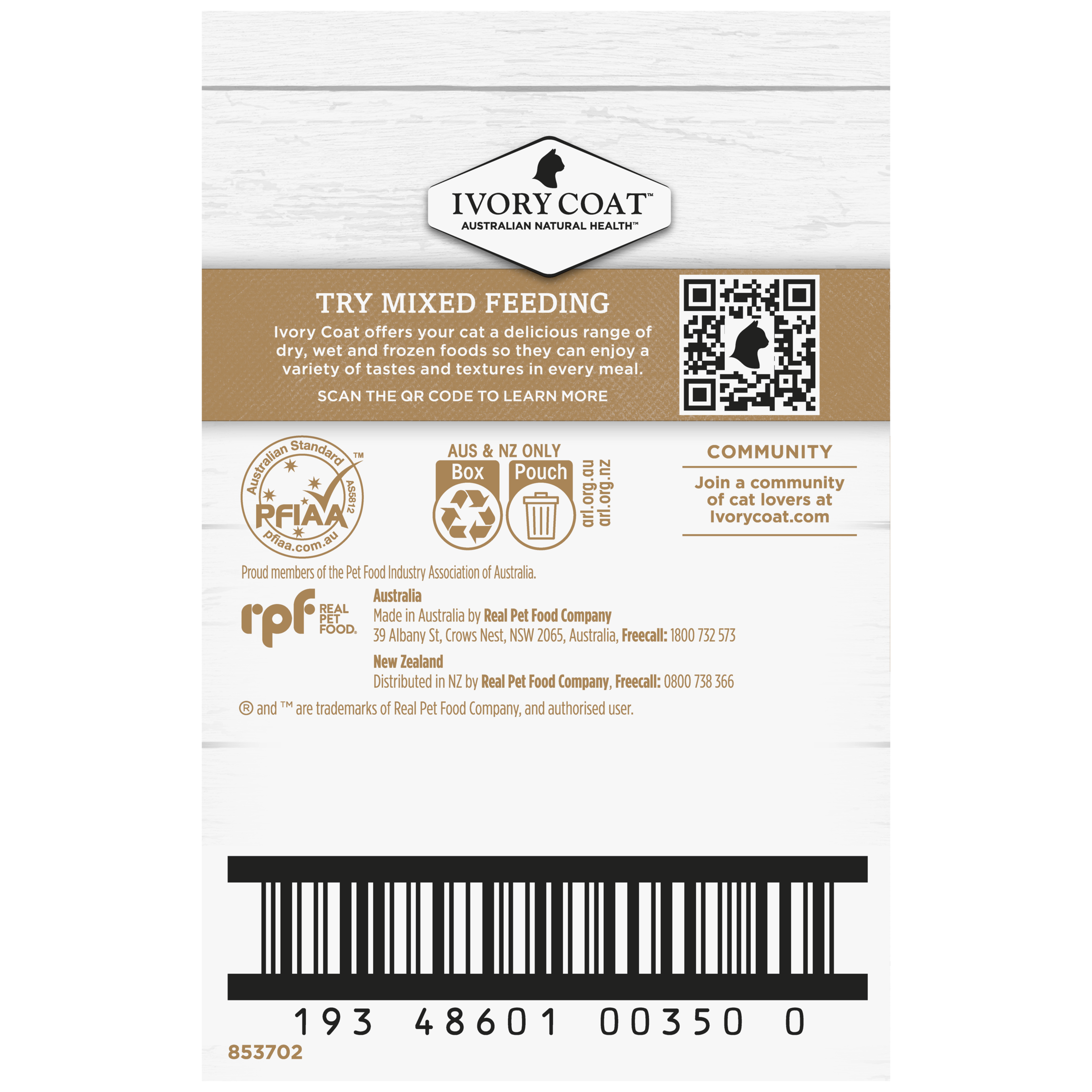 Ivory Coat Grain Free Adult Wet Cat Food Chicken in Gravy back of pack