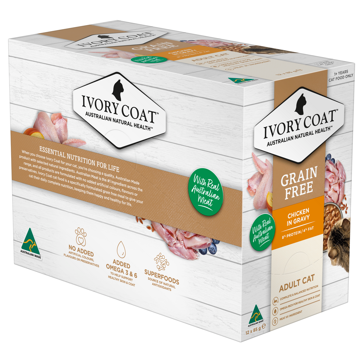 Ivory Coat Grain Free Chicken in Gravy cartons, alternate angle