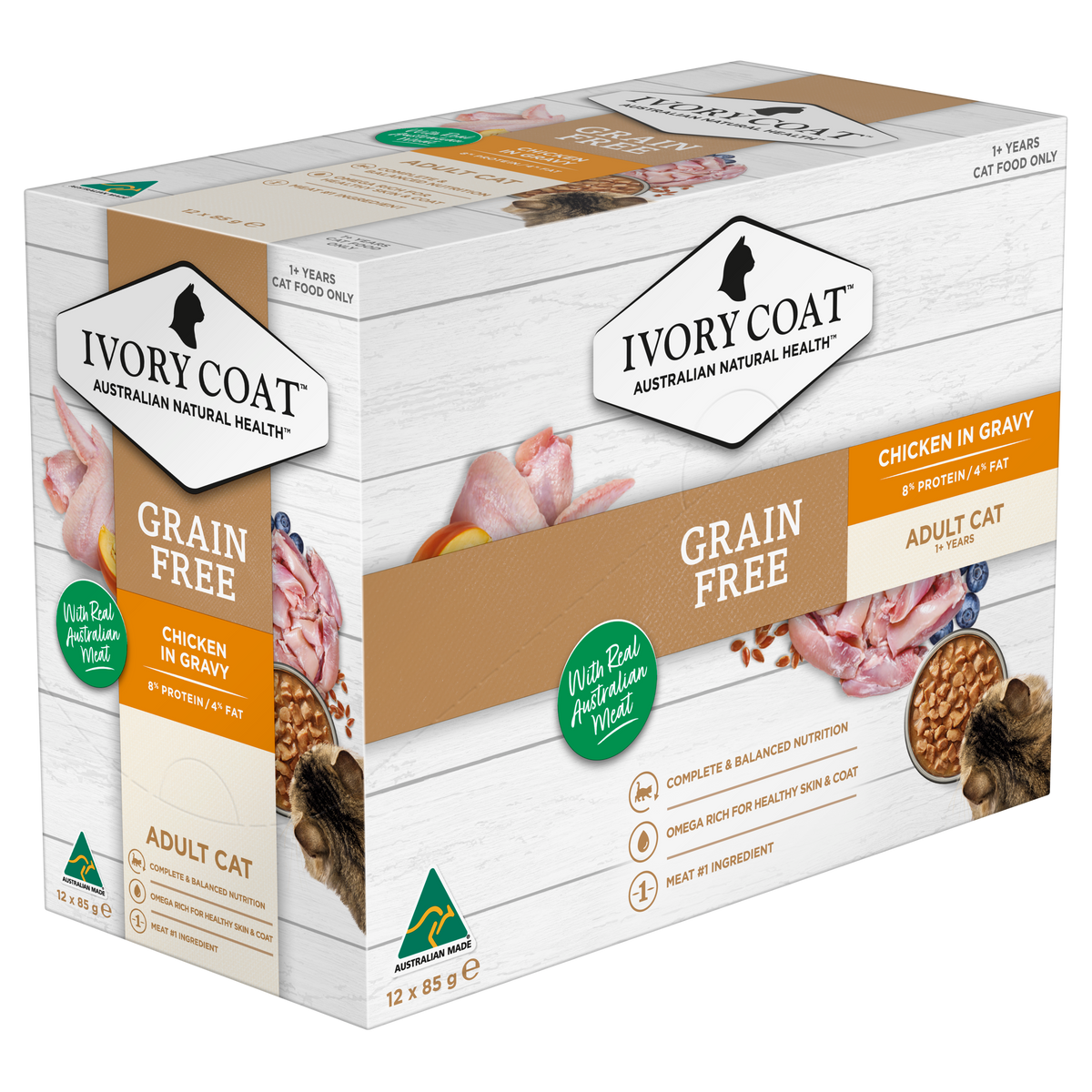 Ivory Coat Grain Free Chicken in Gravy cartons showing the front and side panels