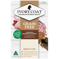 Ivory Coat Grain Free Chicken and Kangaroo in Gravy adult cat food, front of the 12 x 85g carton