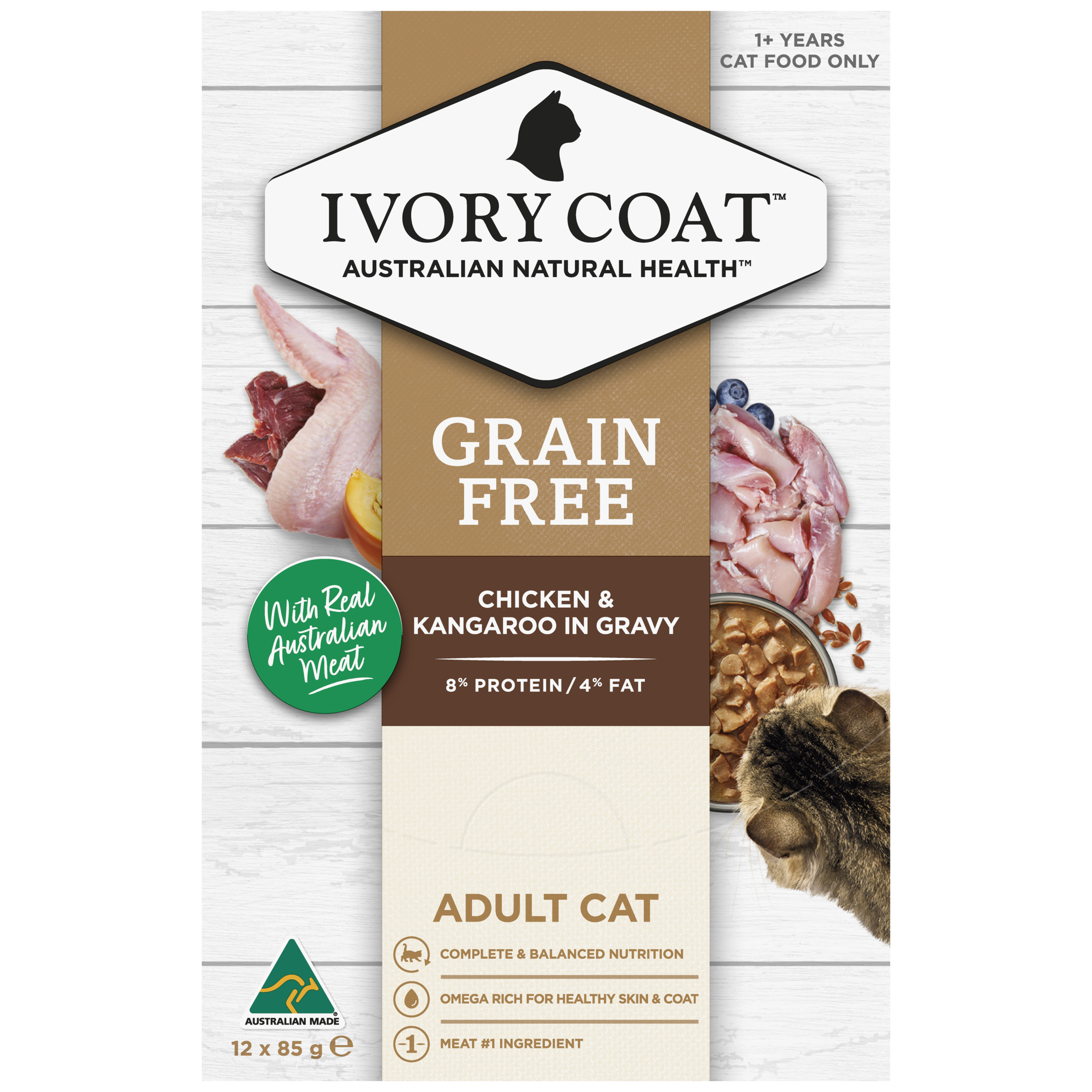 Ivory Coat Grain Free Adult Wet Cat Food Chicken & Kangaroo in Gravy front of pack