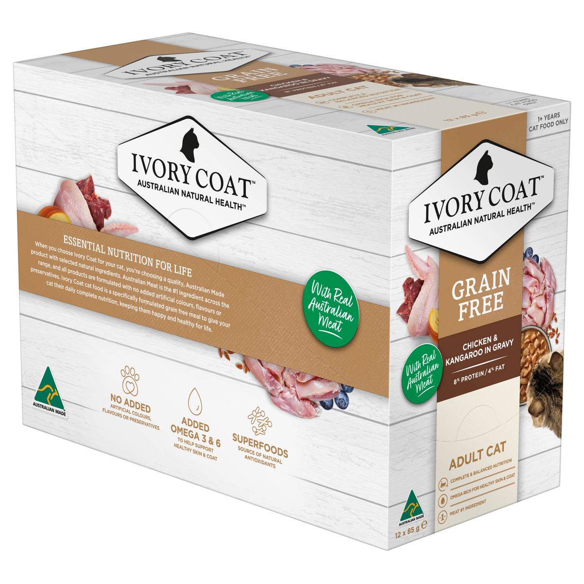 Ivory Coat Grain Free Chicken and Kangaroo in Gravy cartons, alternate angle