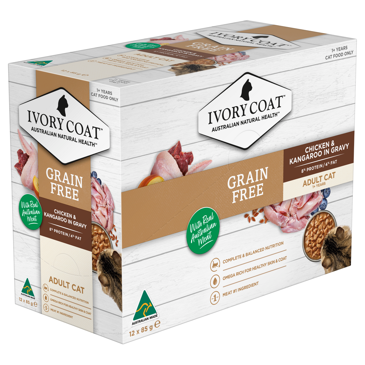 Ivory Coat Grain Free Chicken and Kangaroo in Gravy cartons showing front and side panels