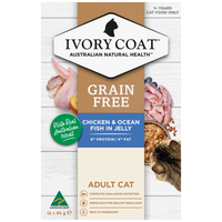 Ivory Coat Grain Free Chicken and Ocean Fish in Jelly adult cat food, front of the 12 x 85g carton