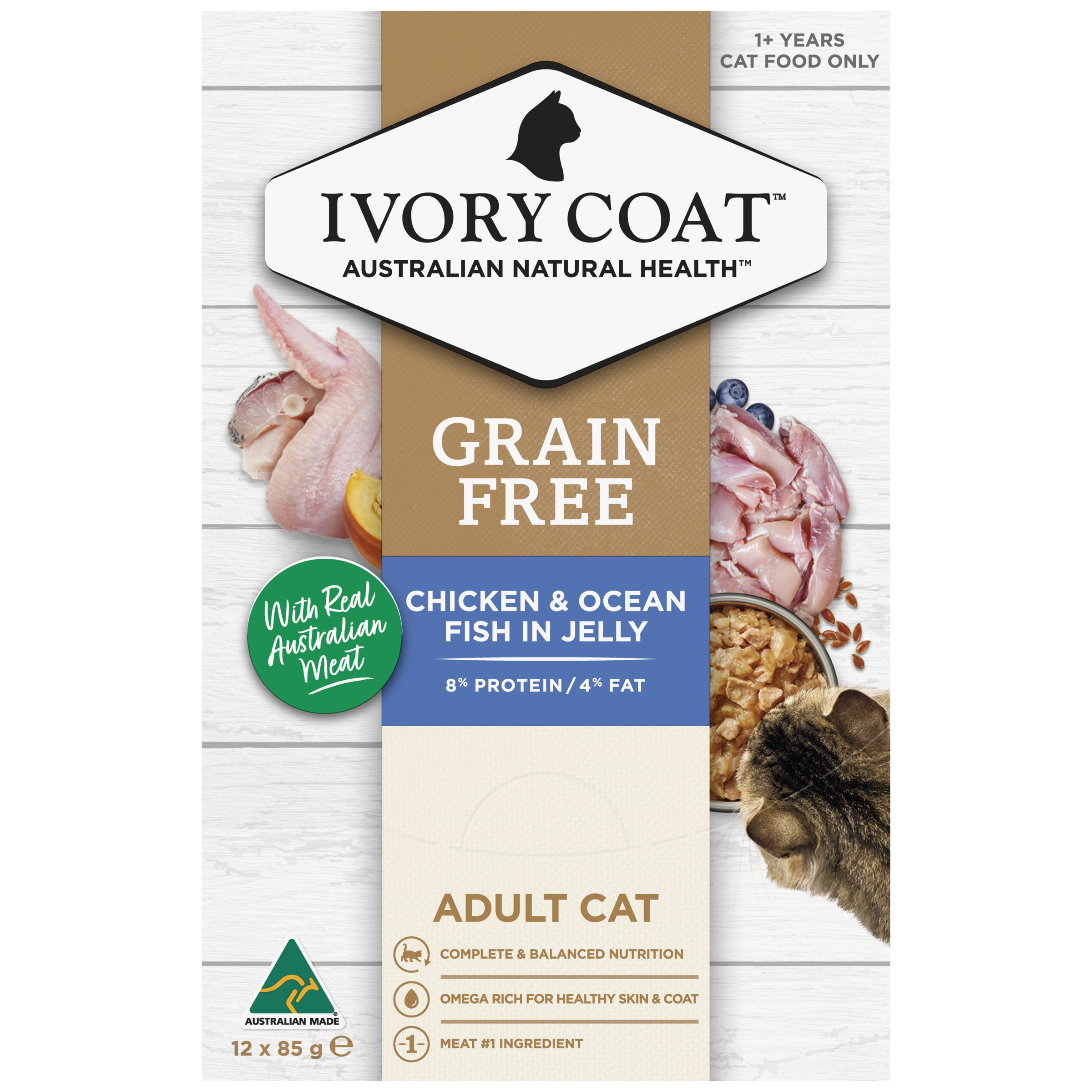 Ivory Coat Grain Free Adult Wet Cat Food Chicken & Ocean Fish in Jelly front of pack