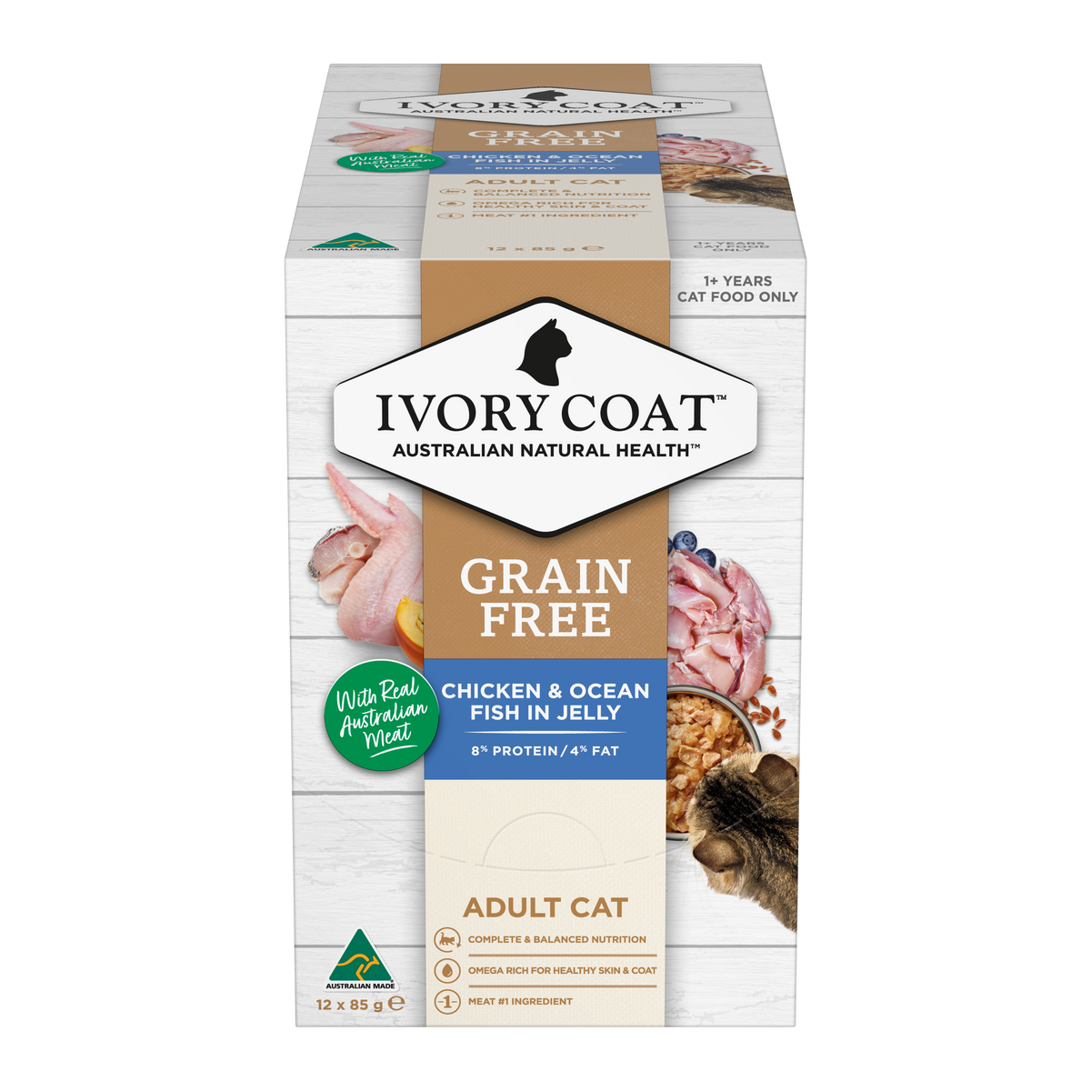 Ivory Coat Grain Free Chicken and Ocean Fish in Jelly cartons, alternate angle