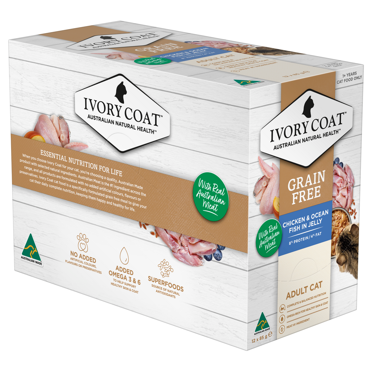 Ivory Coat Grain Free Chicken and Ocean Fish in Jelly cartons, side panel view
