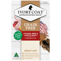 Ivory Coat Grain Free Chicken, Beef and Lamb in Gravy adult cat food, front of the 12 x 85g carton