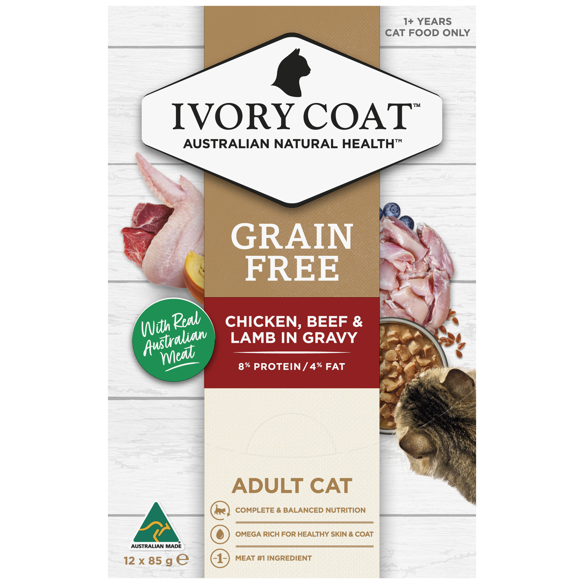 Ivory Coat Grain Free Adult Wet Cat Food Chicken, Beef & Lamb in Gravy front of pack