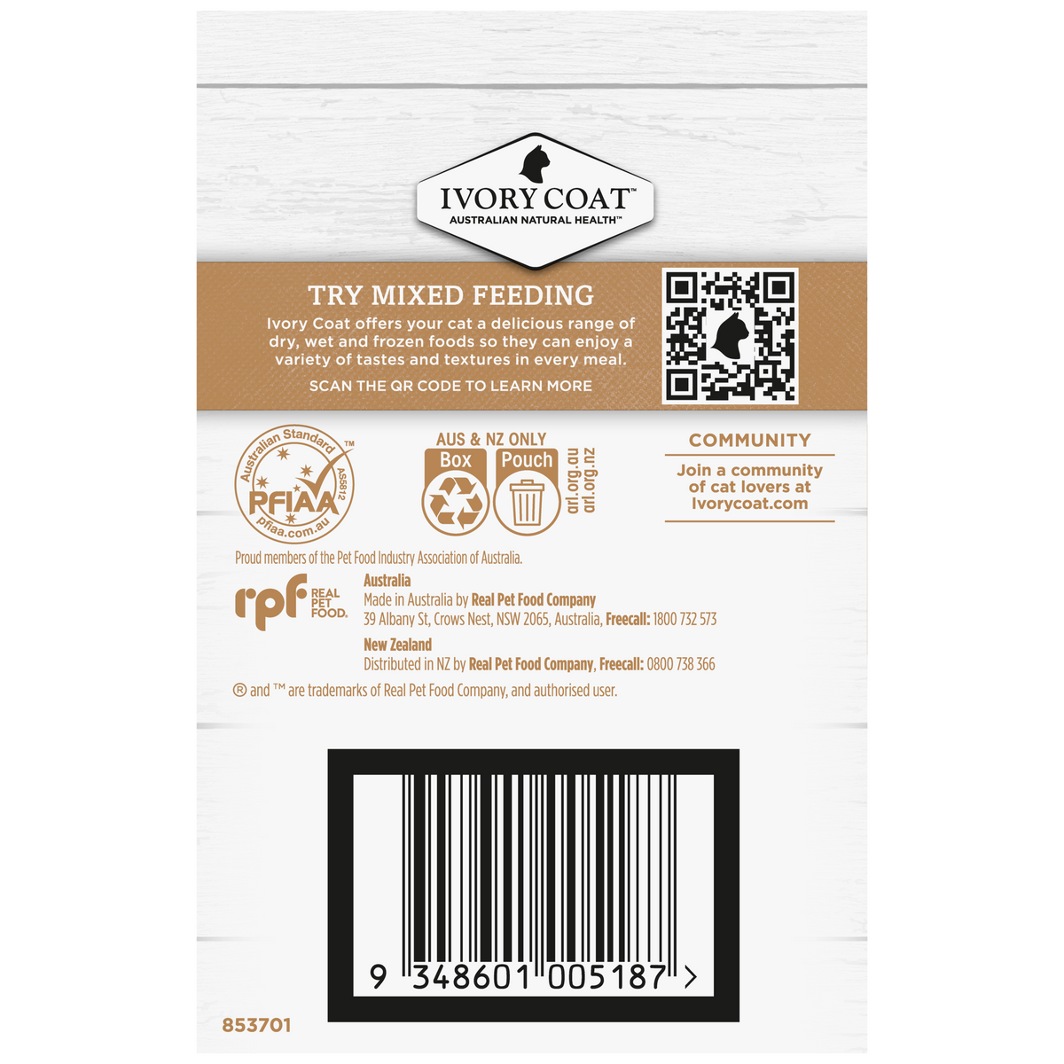 Back of the Ivory Coat Grain Free Chicken, Beef and Lamb in Gravy carton with the mixed feeding panel