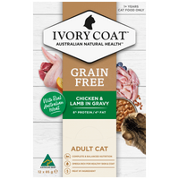 Ivory Coat Grain Free Chicken and Lamb in Gravy adult cat food, front of the 12 x 85g carton