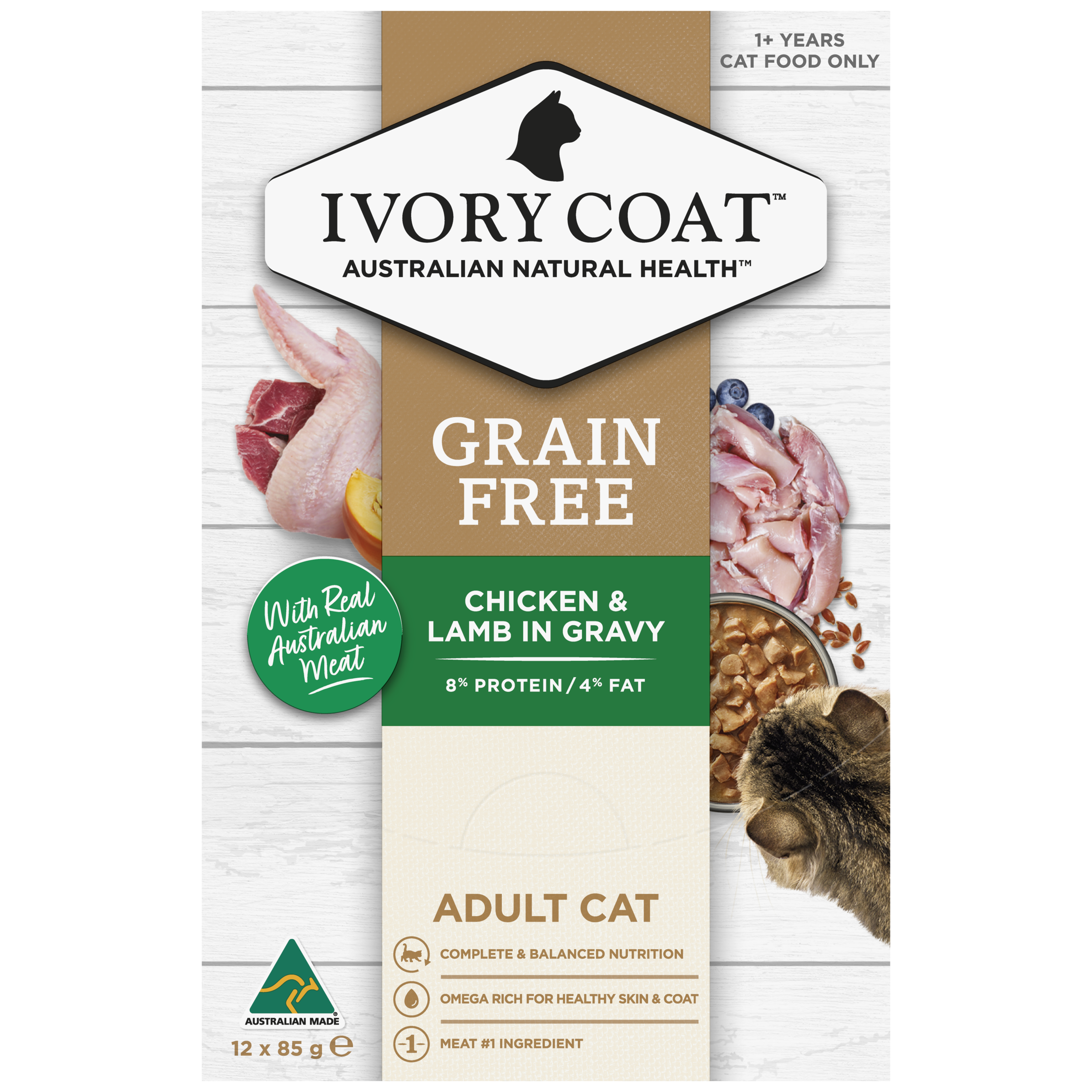 Ivory Coat Grain Free Adult Wet Cat Food Chicken & Lamb in Gravy front of pack