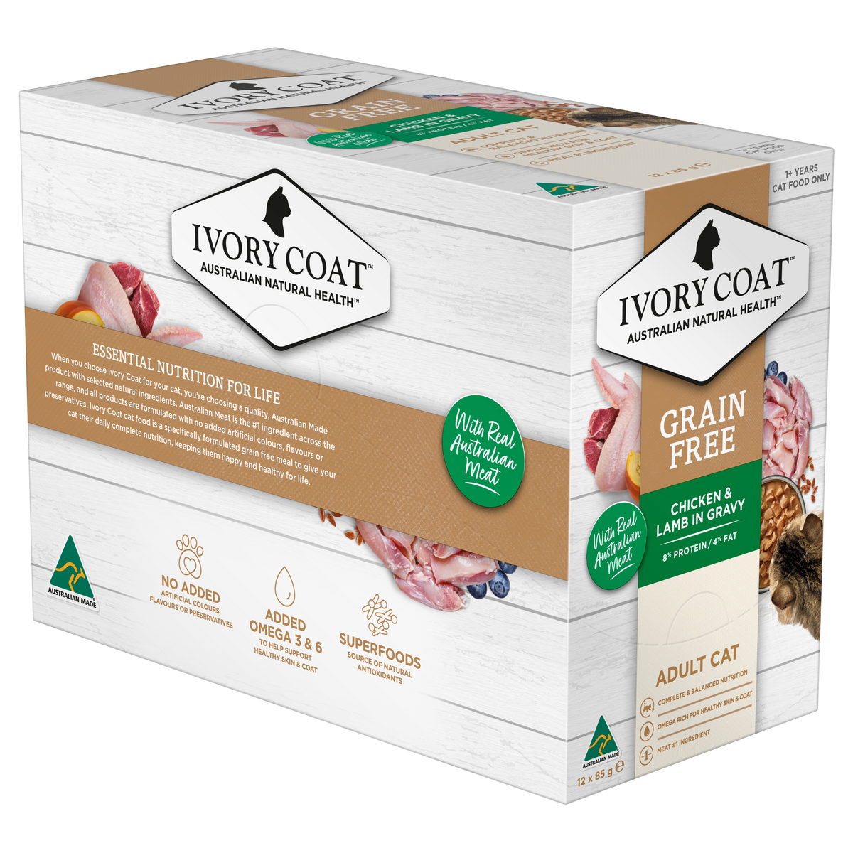 Ivory Coat Grain Free Chicken and Lamb in Gravy cartons, alternate angle