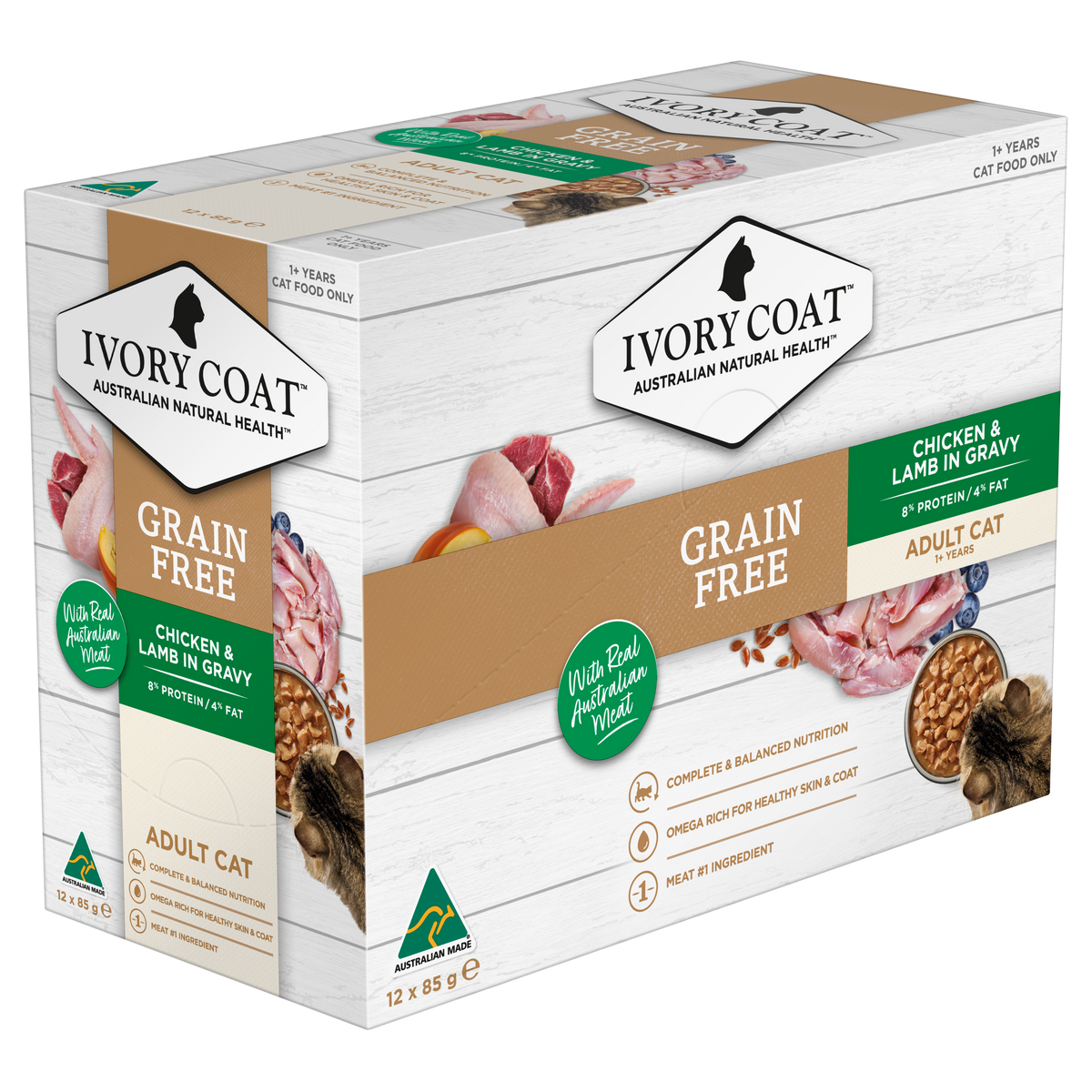 Ivory Coat Grain Free Chicken and Lamb in Gravy cartons showing the front and side panels